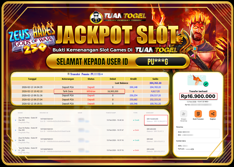 TUANTOGEL JACKPOT SLOT ZEUS VS HADES - GODS OF WAR 250 Rp16.900.000, - LUNAS